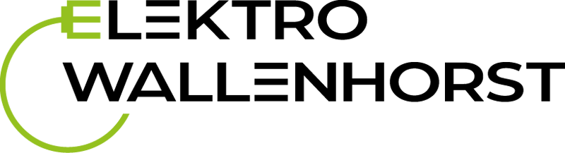 Firmen Logo: Schwarze Schrift mit gruenem Stecker für das E bei "Elektro Wallenhorst"
